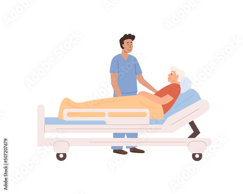 Doctor or nurse visit patient at hospital. Medical personnel working at clinic. Home care services for elderly people. Sick old man lying on bed. Residential care facility. Vector flat illustration.