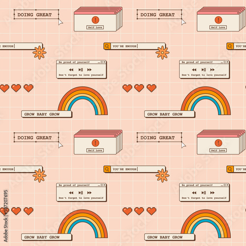 Abstract retro 80s 90s aesthetic groovy seamless pattern with positive quote and phrases, nostalgic elements and stickers. Background in vaporwave old computer style. Vector illustration.