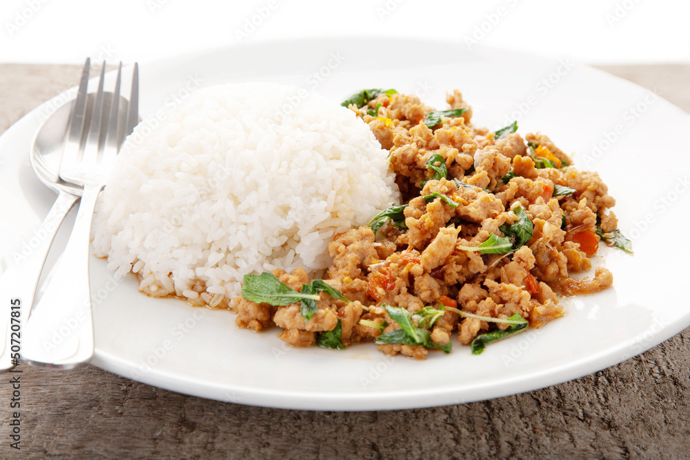 Thai basil minced pork. Rice topped with Thai basil minced pork, Thai food.