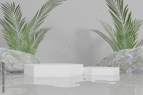 tropical display podium on water with flat background 3d render