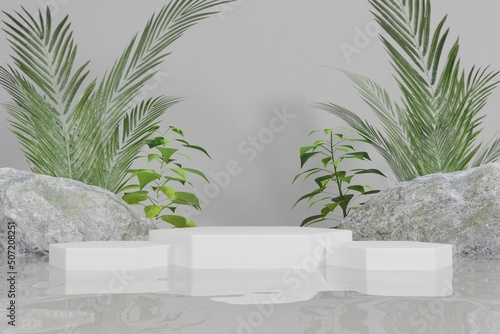 Fototapeta Naklejka Na Ścianę i Meble -  tropical display podium on water with flat background 3d render