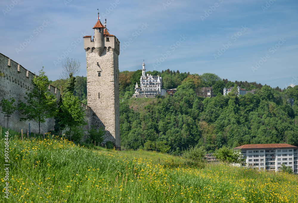 Luzern Musegg Wall (Museggmauer) with Watchtower or Heu Tower (Wachtturm).
Switzerland