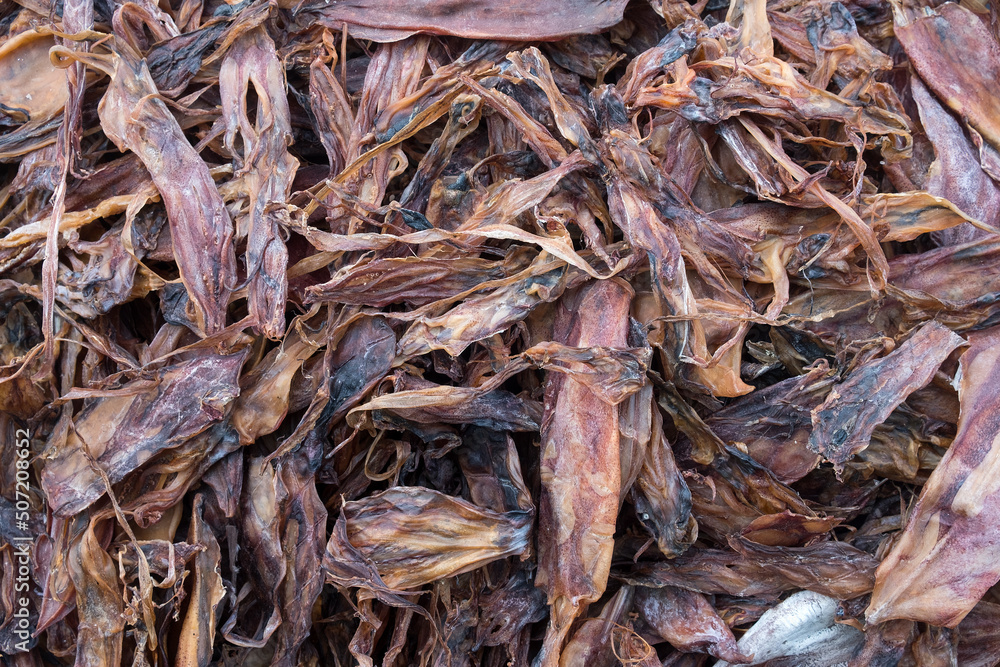 top view of Dried squid for sale at market top view of Dried squid for sale at market