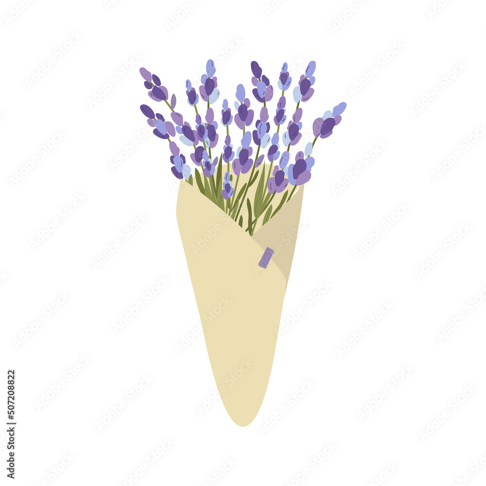 lavender bouquet isolated. Universal design element. Craft flower packaging. Hand drawn vector illustration