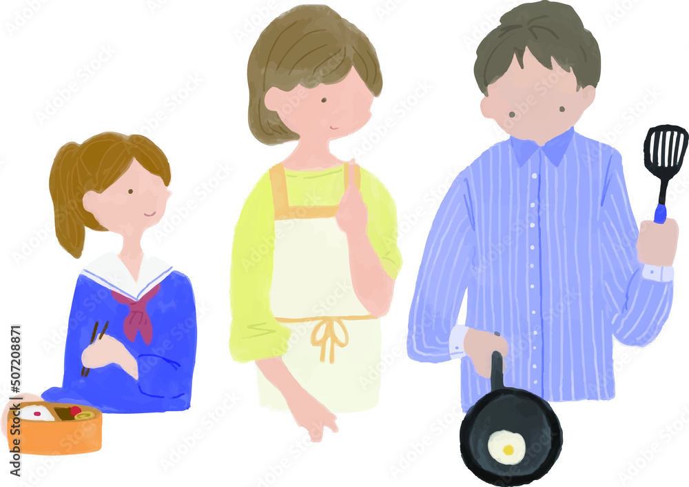 家族でお弁当を作っているイラスト