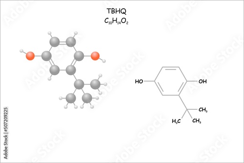 Stylized molecule model/structural formula of TBHQ (tert-butylhydroquinone). Use as food preservative.