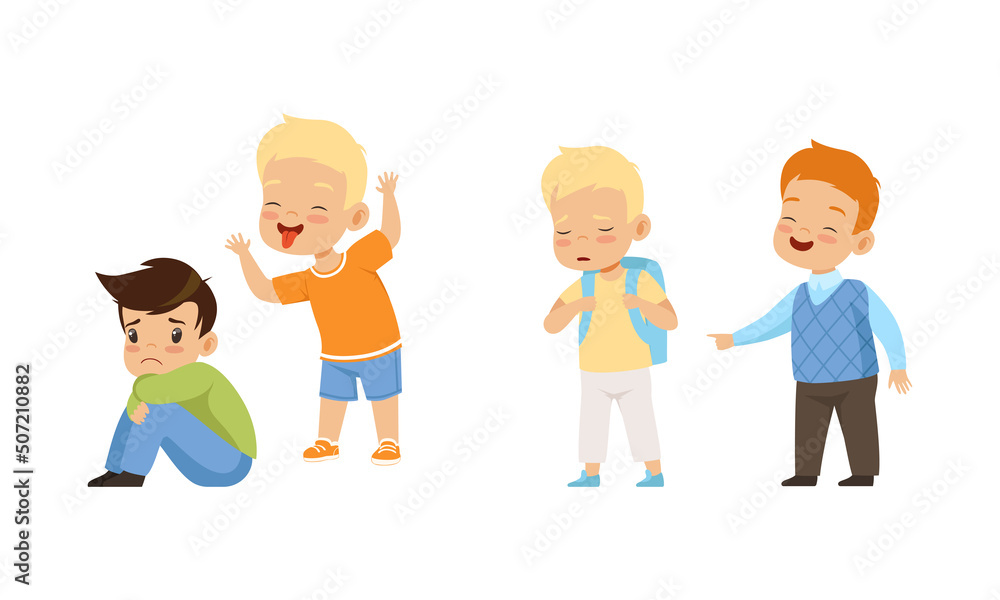 Offensive Boy Bullying and Abusing Sad Agemate Vector Illustration Set Offensive Boy Bullying and Abusing Sad Agemate Vector Illustration Set