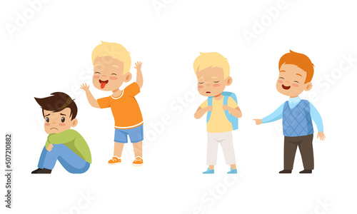 Offensive Boy Bullying and Abusing Sad Agemate Vector Illustration Set