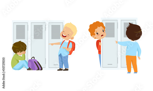 Offensive Boy Bullying and Abusing Sad Agemate Vector Illustration Set photo