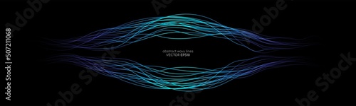Abstract wavy dynamic blue light lines curve banner with space for text isolated on black background in concept technology, neural network, neurology, science, music.