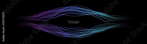 Abstract wavy dynamic blue green light lines curve banner with space for text isolated on black background in concept technology, neural network, neurology, science, music.
