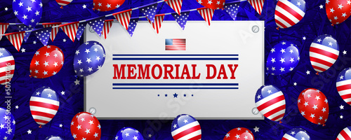 Blue composition with rectangular frame, balloons with symbols of the flag of America