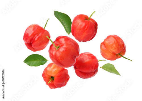 Obraz na plátne Acerola cherry with leaves  levitate isolated on white background