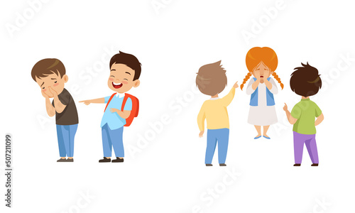 Offensive Boy Bullying and Abusing Sad Agemate Vector Illustration Set