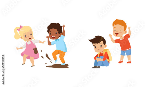 Offensive Boy Bullying and Abusing Sad Agemate Vector Illustration Set