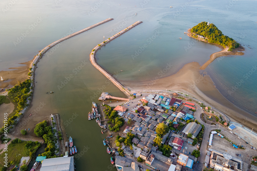 Aerial view of fisherman village and gulf of Thailand at Pak Nam Sichon, the estuary area in Chumphon province, Thailand.