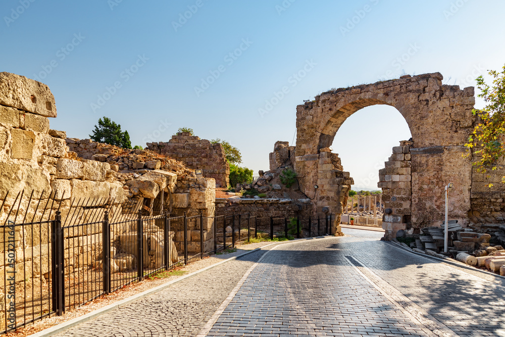 Awesome view of the Vespasian Gate in Side, Turkey