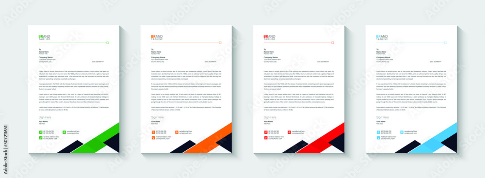 Business letterhead, Letterhead template with various colors, Letterhead template in flat style, Modern company letterhead template design