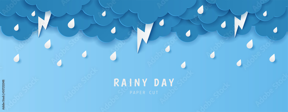 Paper cut of rainy day text with clouds, rain drops and lightning on blue background, copy space. Vector illustration - obrazy, fototapety, plakaty 