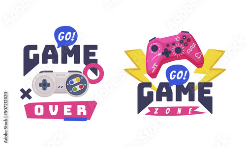 Video Game Zone Sticker with Gamepad as Game Controller and Word Vector Set