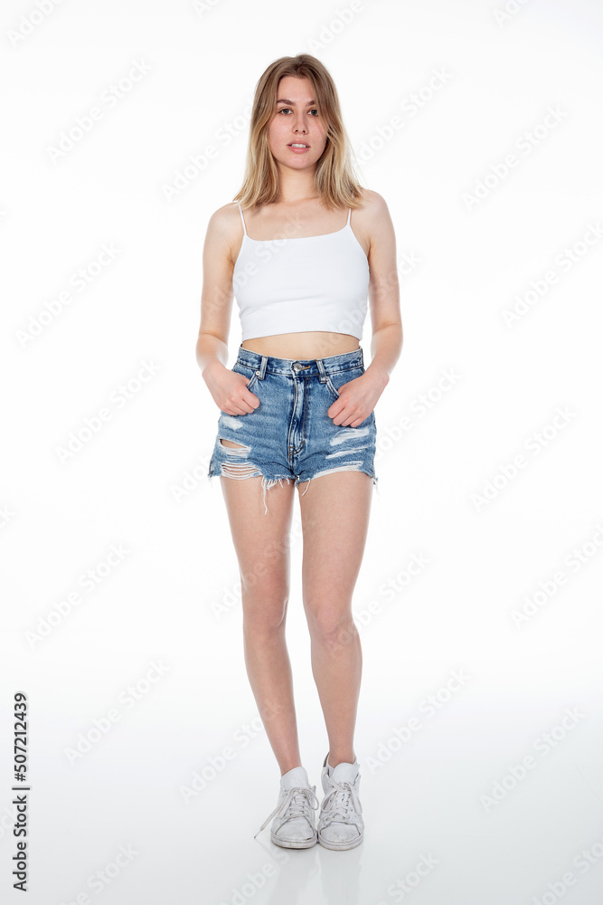 Blonde Frau in Jeans Hot Pen Porträt