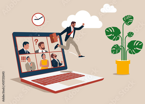 Businessman jumping from remote video call running back to work in the office. Ending COVID-19 lockdown, people back to work in the office, end remote working and return to work face to face concept, 
