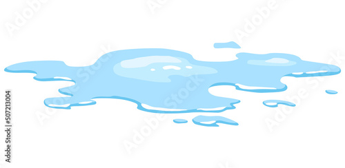 Water spill puddle. Blue liquid various shape in flat cartoon style. Vector fluid design element isolted on white background