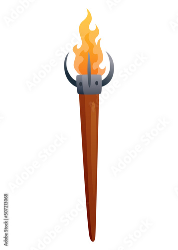 Medieval torch with burning fire. Ancient realistic wooden torch with flame. Cartoon game element vector illustration