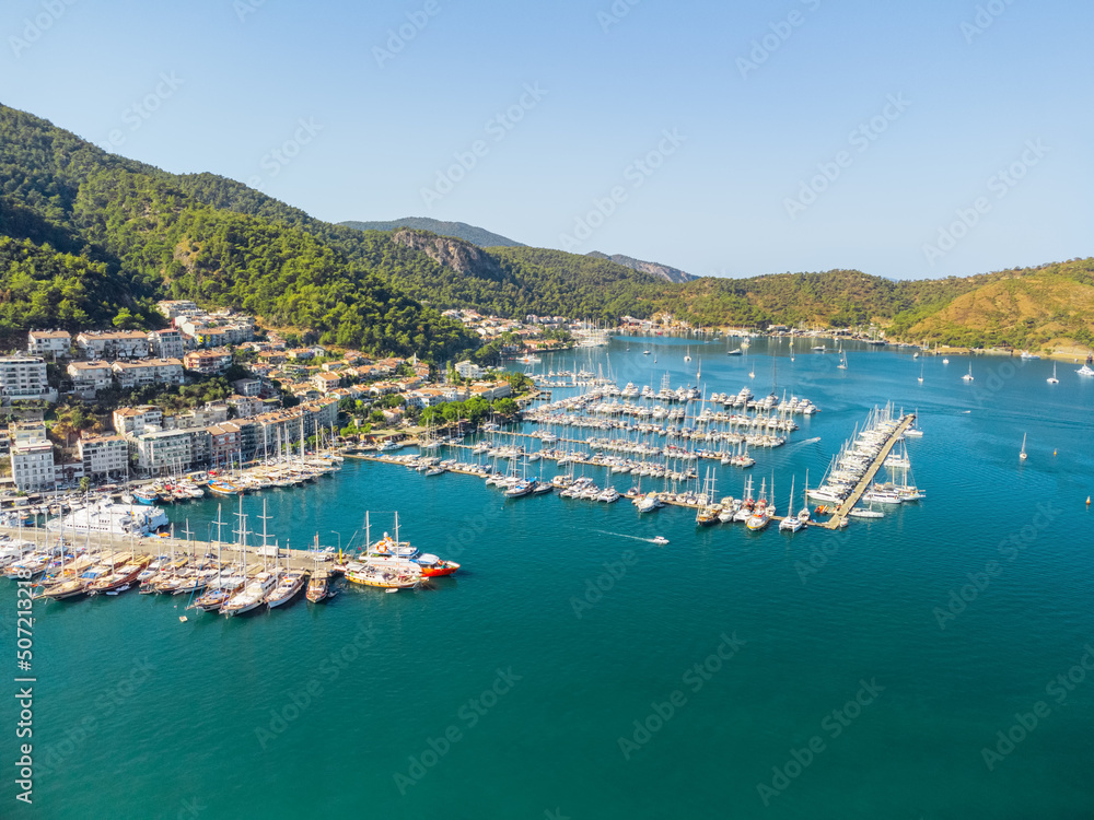 Awesome aerial view of Fethiye Marina in Turkey