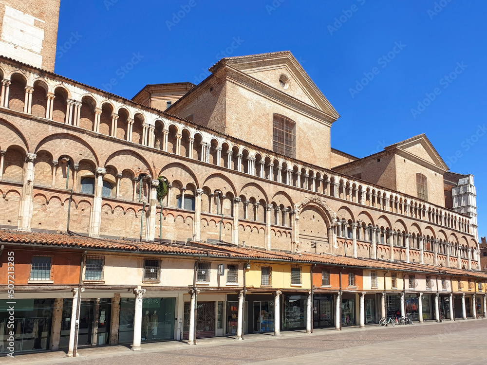 Cathedral of Saint George with shops in Ferrara.