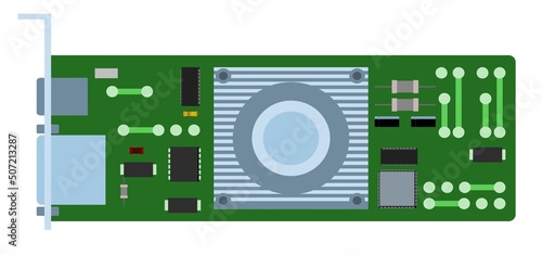 Video card with chip cooling radiator. Spare part for personal computer. Isolated on white background. PC or laptop accessories. Vector
