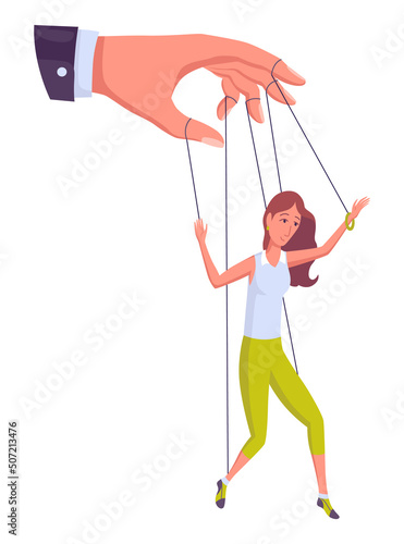 Puppeteer hand controlling puppet. Business woman or worker being controlled by puppet master. Manipulates woman like puppet. Employer domination exploitation or authority manipulator