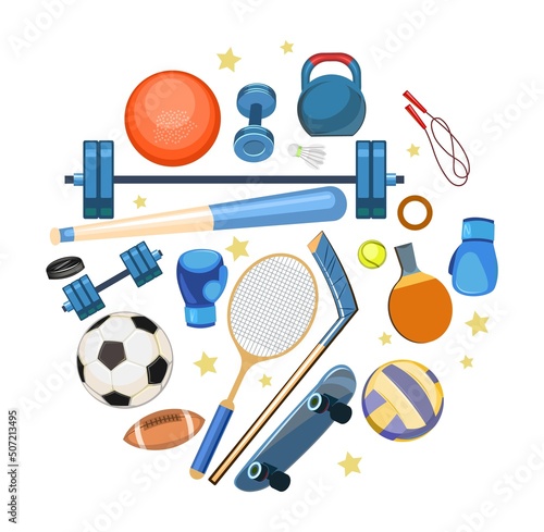 Sports equipment for athletes. Round composition. Set of tools. Symbol, icon. Isolated on white background. Colorful Illustration Vector