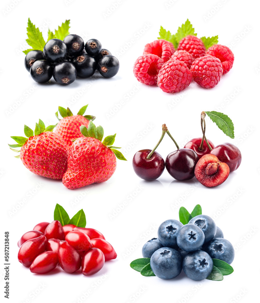 Collage of berry on white backgrounds Collage of berry on white backgrounds