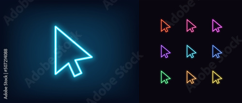 Outline neon mouse cursor icon. Glowing neon computer arrow sign to select and click, interface pointer pictogram. Digital cursor