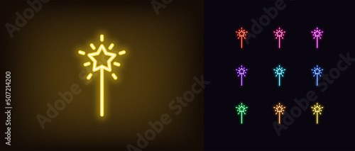 Outline neon magic wand icon. Glowing neon magical stick with star and rays, fairy wand pictogram. Wizard stick