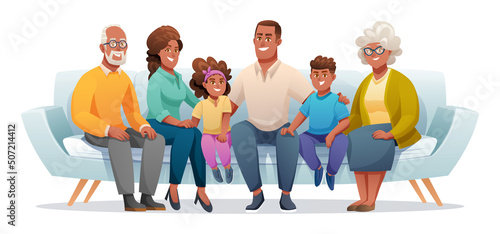Happy family sitting on the couch together with father, mother, grandfather, grandmother and children. Family illustration in cartoon style