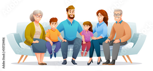 Happy family sitting on the couch together with father, mother, grandfather, grandmother and children. Family character concept in cartoon style