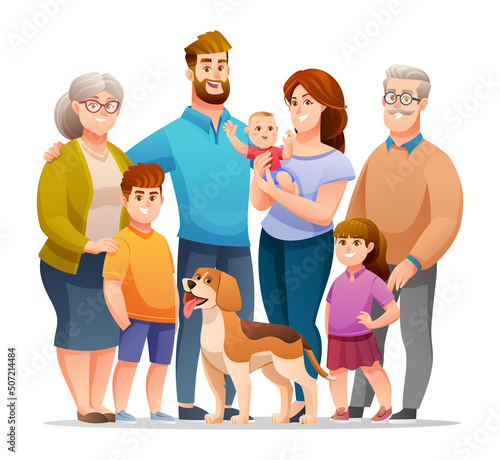 Portrait of big happy family with father, mother, grandfather, grandmother, children and a pet. Family illustration in cartoon style