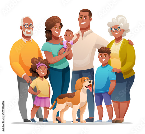 Portrait of big happy family with father, mother, grandfather, grandmother, children and a pet. Family character concept in cartoon style