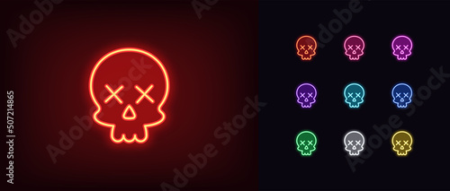 Outline neon skull emoji icon. Glowing neon Skull emoticon silhouette with dead x eyes, skeleton head pictogram
