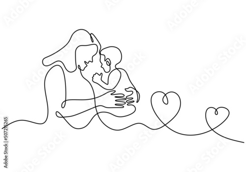 One continuous single line of mother carry her son for mother day isolated on white background.