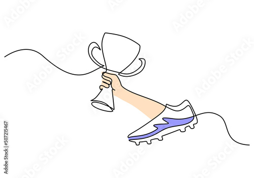 One continuous single line of hand hold trophy for world cup isolated on white background.