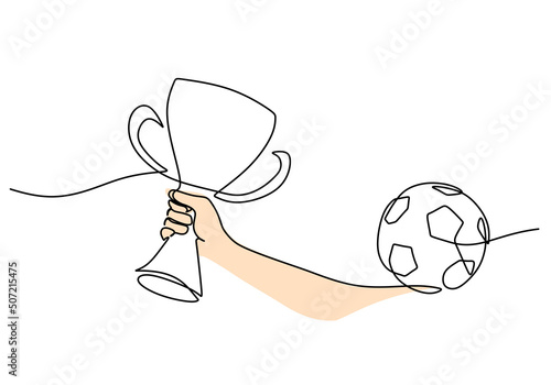 One continuous single line of hand hold trophy for world cup isolated on white background.