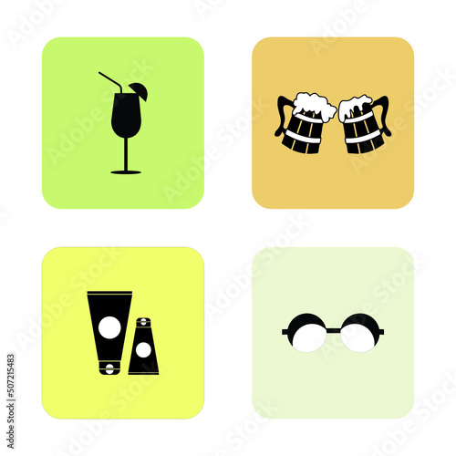 4 color background summer icons : A glass of champagne, two beers, sunscreen, sunglasses