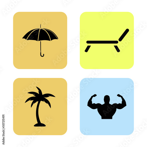 4 color background summer icons: umbrella, sunbed, palm tree, fitness trainer silhouette