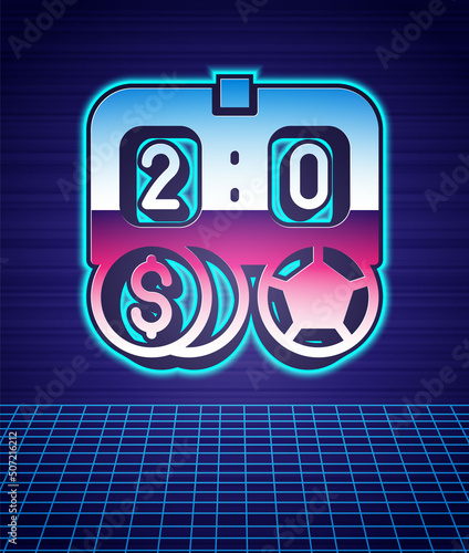 Retro style Soccer football betting money icon isolated futuristic landscape background. Football bet bookmaker. Soccer betting online make money. 80s fashion party. Vector
