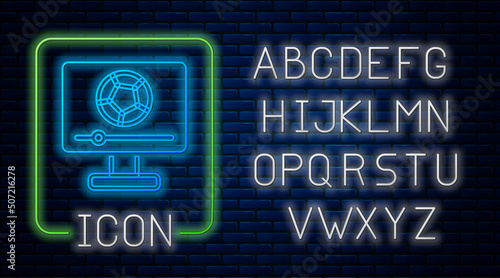 Glowing neon Football soccer match on TV icon isolated on brick wall background. Football online concept. Neon light alphabet. Vector
