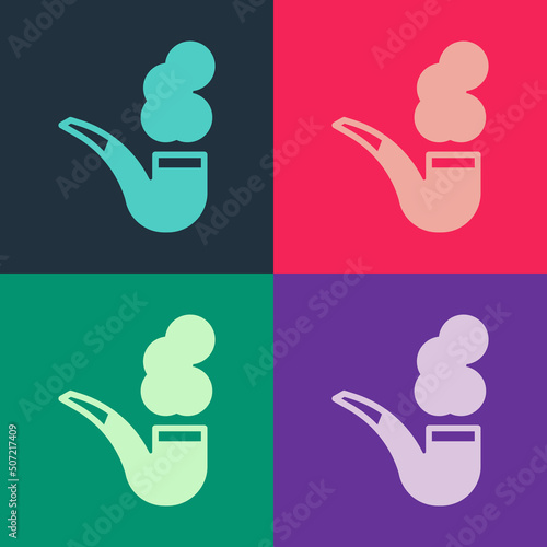 Pop art Smoking pipe with smoke icon isolated on color background. Tobacco pipe. Vector
