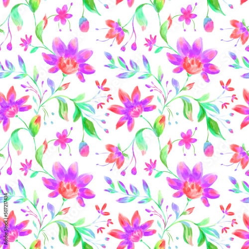 Watercolor floral seamless pattern on white background. Bright folk violet, pink, green flowers, leaves repeat print. Botanical design for wallpaper, fabric, textile, wrapping paper and decoration.